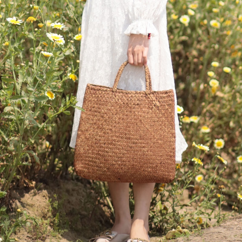森系凉席草编织包手提女田园风度假沙滩包手工竹编文艺小清新