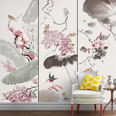 手绘高清艺术墙纸新中式花鸟卧室沙发背景墙影视墙壁纸壁画