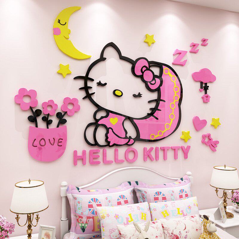 哈喽kt猫亚克力墙贴画卡通儿童房床头装饰女孩房间卧室贴纸3d立体