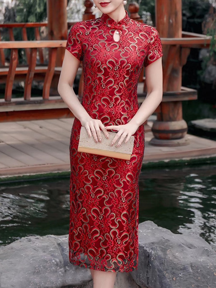 夏红色蕾丝旗袍连衣裙修身中长款结婚婚礼妈妈礼服大码高档