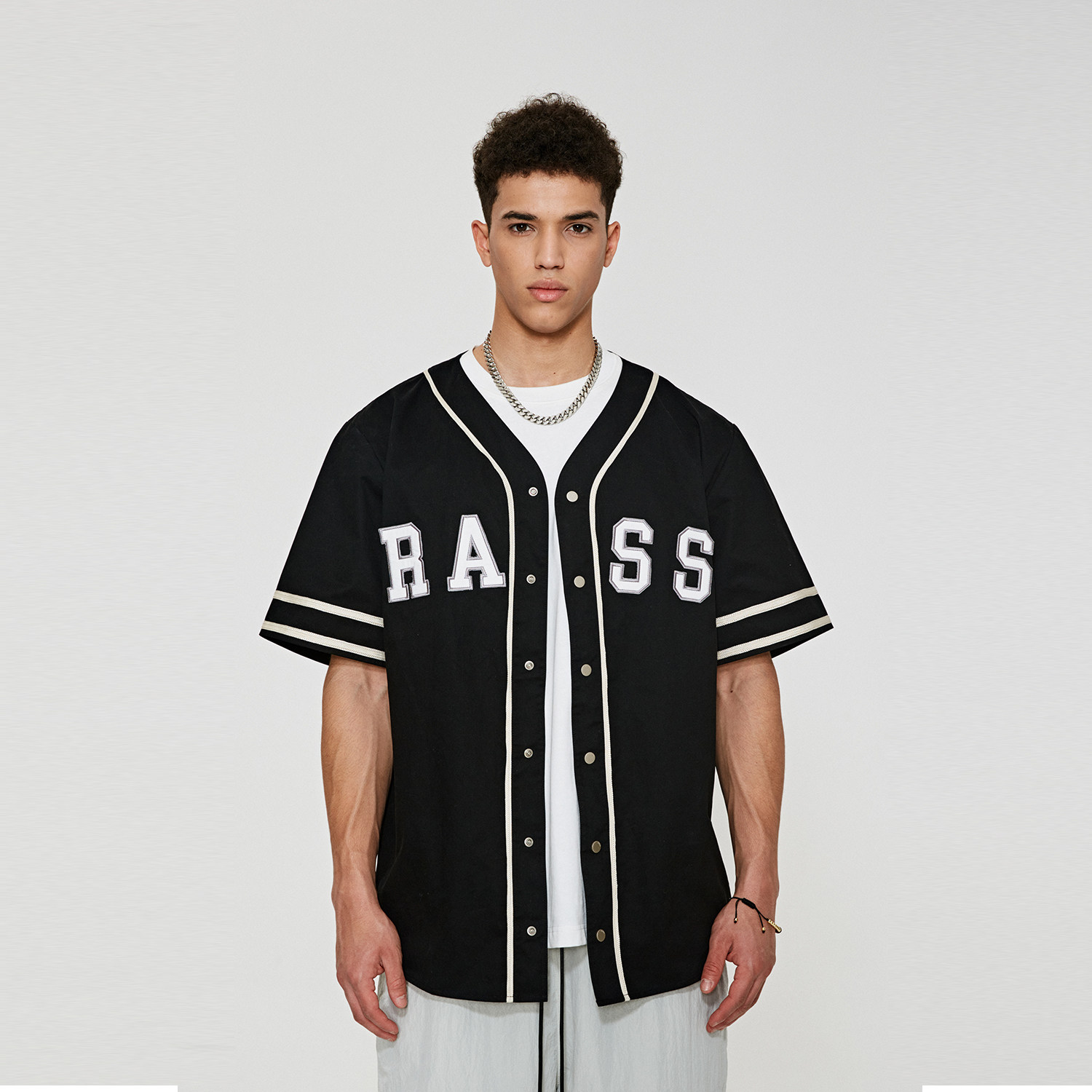 rass棒球服刺绣短袖开衫高街宽松美式潮牌夏季薄款半袖褂子外套男