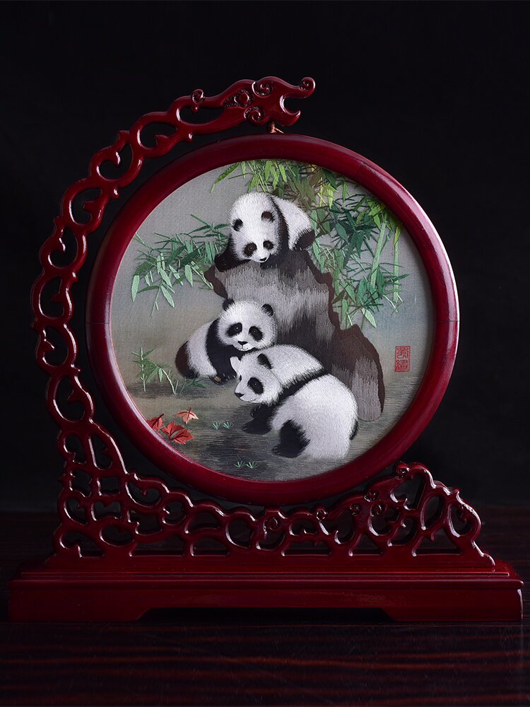 中国风成都蜀绣特色工艺品礼物送老外国人双面手工刺绣屏风摆件