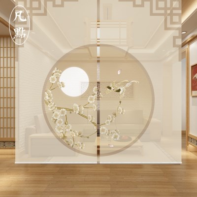 新中式花鸟卷帘布艺屏风软隔断半透纱质挂帘可升降窗帘隔断帘挂屏