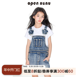 opennunu女童复古水洗做旧背带裙夏季儿童花朵口袋拼接短款连衣裙