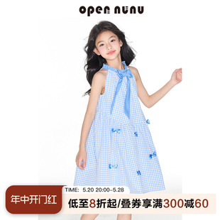 opennunu女童法式蓝色格子挂脖连衣裙夏季学院风立体蝴蝶结中长裙