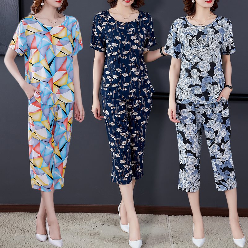 棉绸套装女时尚夏季气质短袖妈妈显年轻人造棉七分裤可外穿居家服