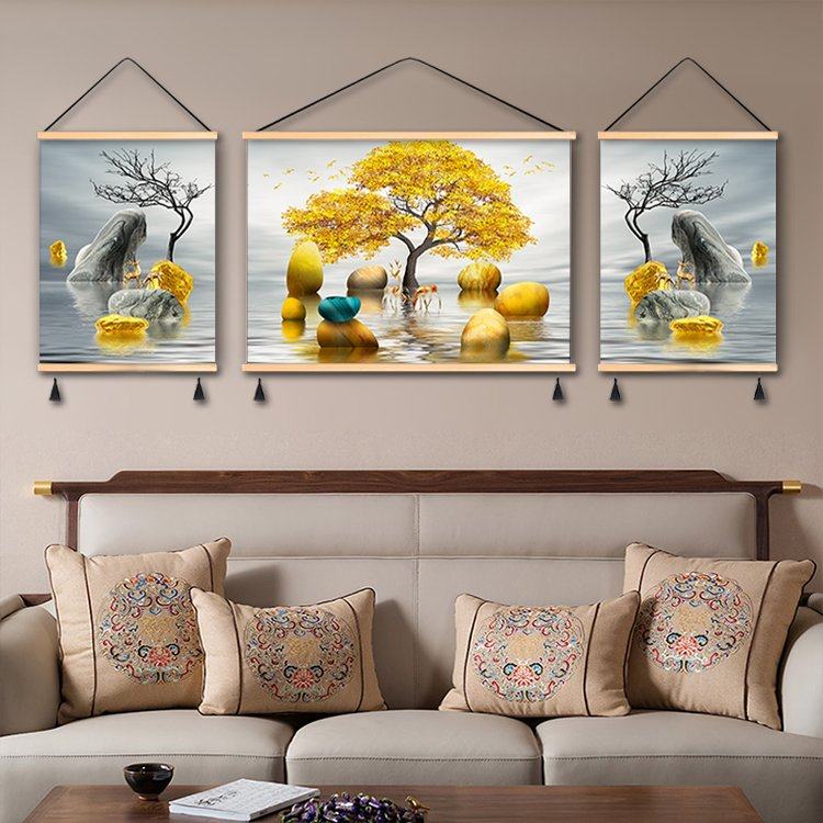 时来运转简约新中式客厅沙发背景墙极简装饰画油画布挂画床头壁画