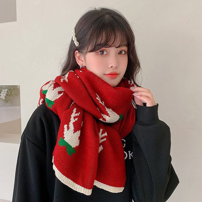 圣诞节围巾小鹿百搭保暖红色可爱围脖秋冬天防寒送女友圣诞礼物潮