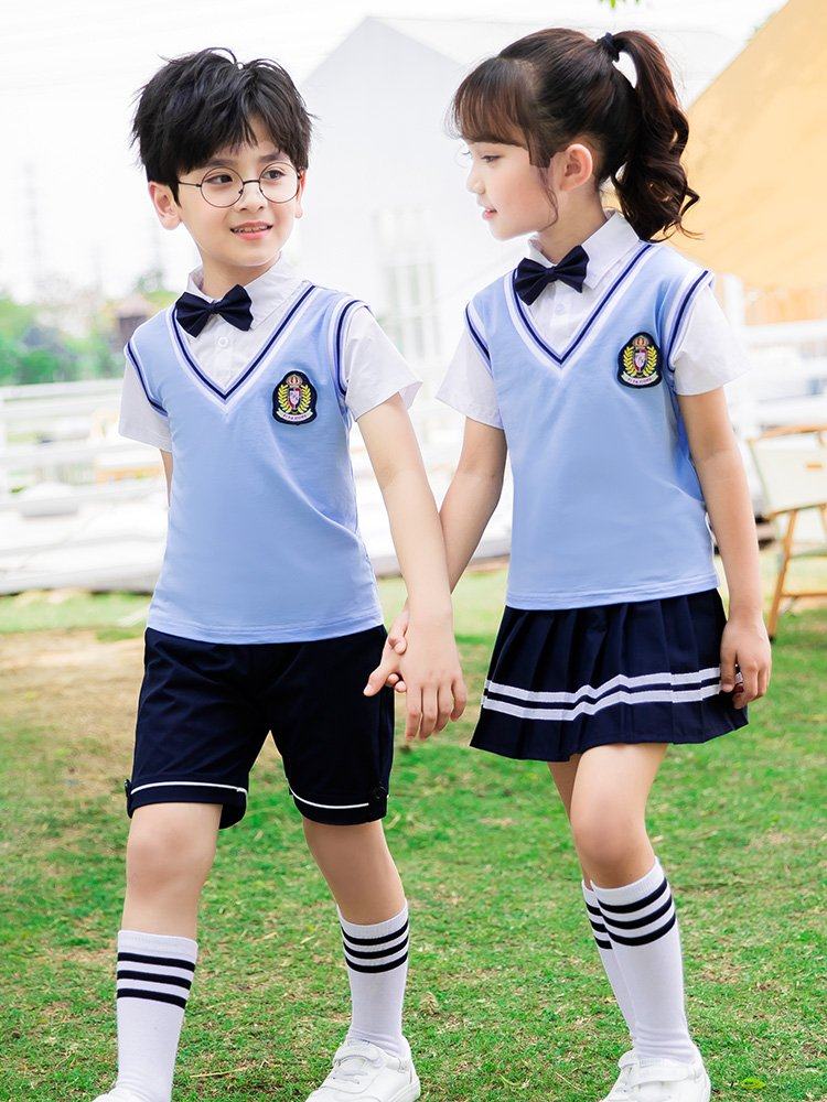 幼儿园夏季演出服纯棉儿童校服夏装园服蓝色学院风班服套装六一天