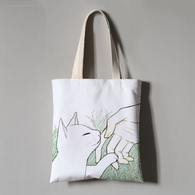 帆布袋ins手绘呆萌可爱猫咪韩版帆布女单肩简约原宿百搭大容量包