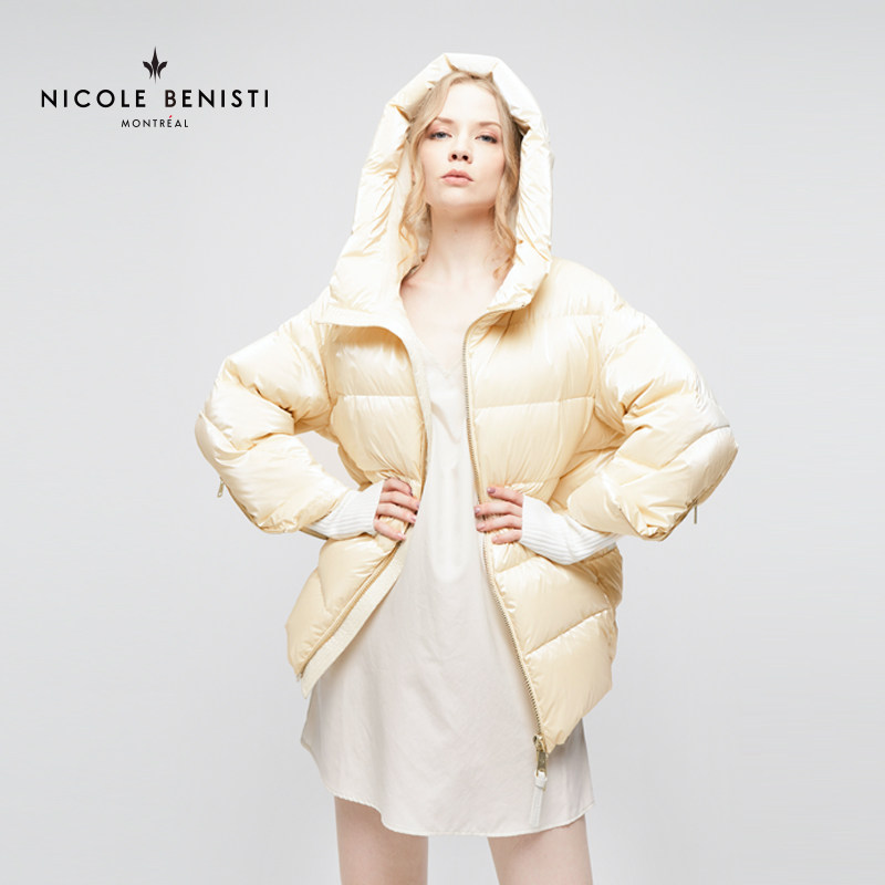 nicole benisti加拿大羽绒服冬季新款带帽女中长款米黄50130001