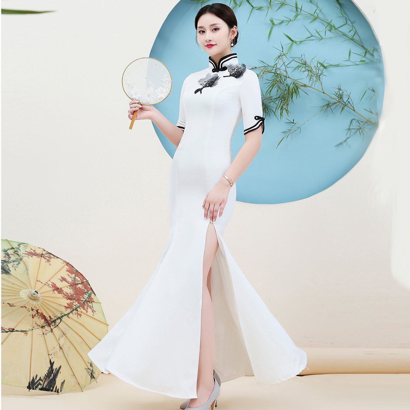 新式改良旗袍女长款气质鱼尾裙春夏2021年新款高端走秀演出服礼服