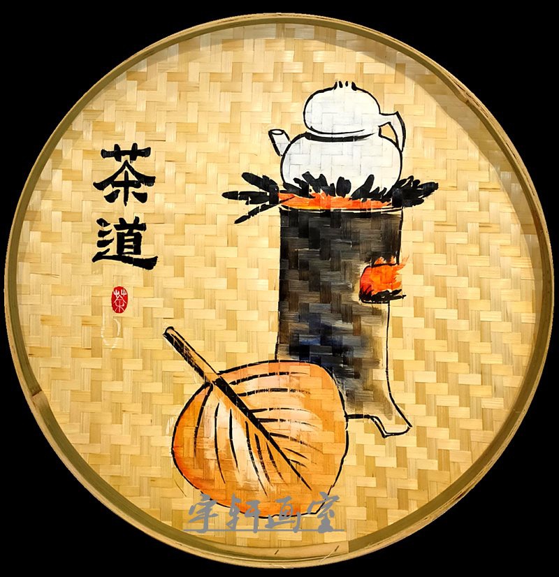 农家乐节气墙面挂画手绘簸箕画画茶道茶庄挂画茶楼茶馆茶文化墙面