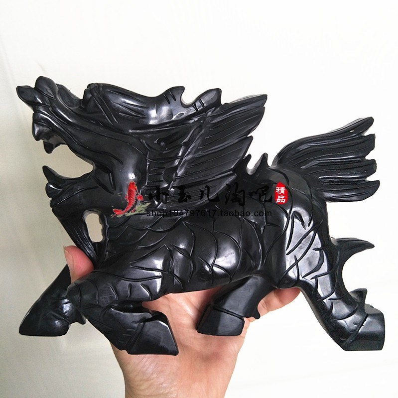 天然黑墨玉麒麟大摆件黑绿玉玉石送子麒麟玉雕家居办公工艺品摆设