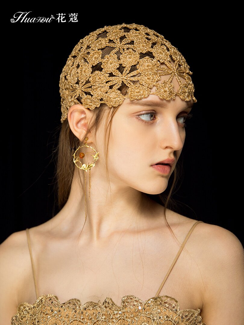 手工编织花朵镂空薄帽春夏季蕾丝透气头巾帽针织钩针包头帽子女