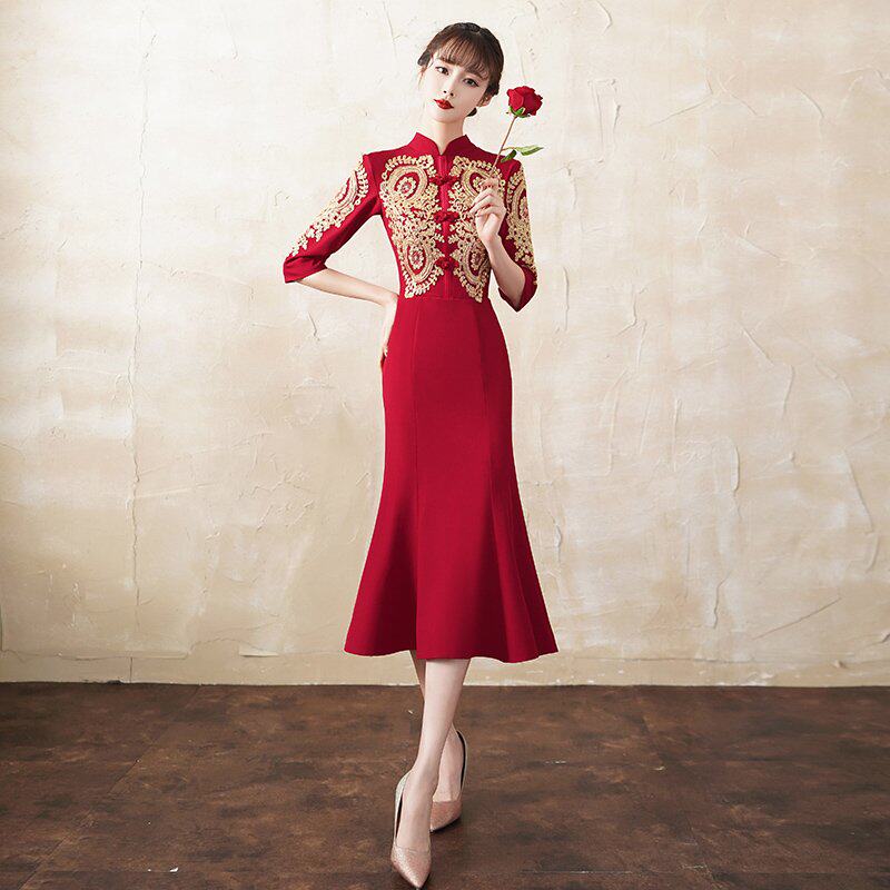 新娘敬酒服旗袍2020新款冬季中国风酒红色小个子回门服结婚礼服女