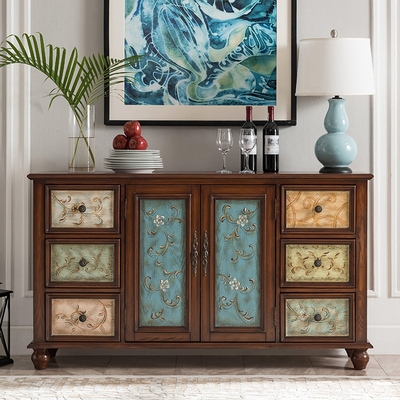 美式玄关柜实木彩绘六斗门厅柜靠墙客厅装饰彩色做旧餐边柜储物柜