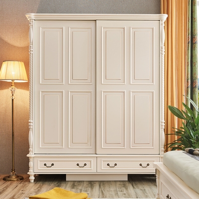 美式衣柜二门主卧移门衣橱欧式木质推拉门衣柜卧室储物柜白色家具