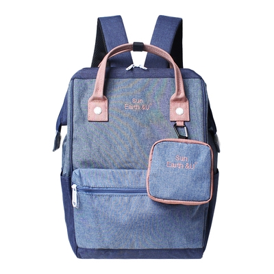 日本乐天潮男潮女双肩包时尚拼色麻衣刺绣旅行背包大容量学生书包