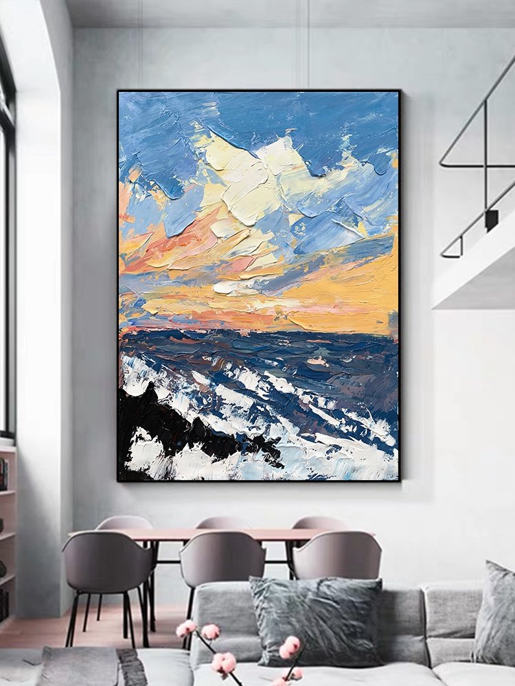 纯手绘油画简美别墅客厅大幅画抽象风景厚油刀画玄关过道手工挂画