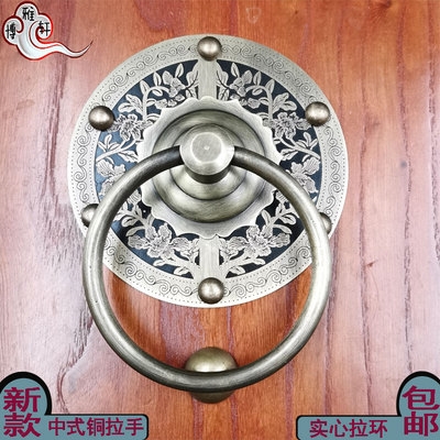 中式纯铜门拉手明装铜拉环仿古整体大门把手木门扣手单孔圆环拉.