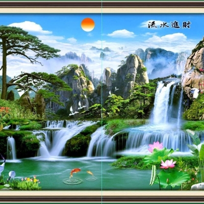 瓷砖门墙流水迎定制山d水壁画背景墙墙风景画生财影壁户外迎客松图片