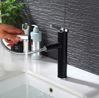 洗q脸面盆冷热抽拉式提拉下水三四件套浴室柜分体黑色单孔水龙头