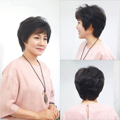新假发中年女士短发中老年假发真发短直发卷发老年人妈妈全头套假