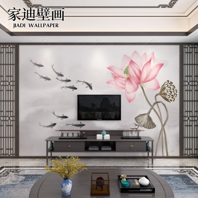 新中式九鱼图电视背景墙壁纸禅意荷花客厅墙纸茶室卧室墙布壁画.