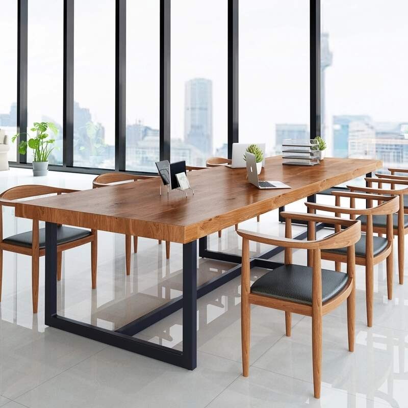 高档美式大型l会议桌长桌简约现代实木桌铁艺长条桌子长方形