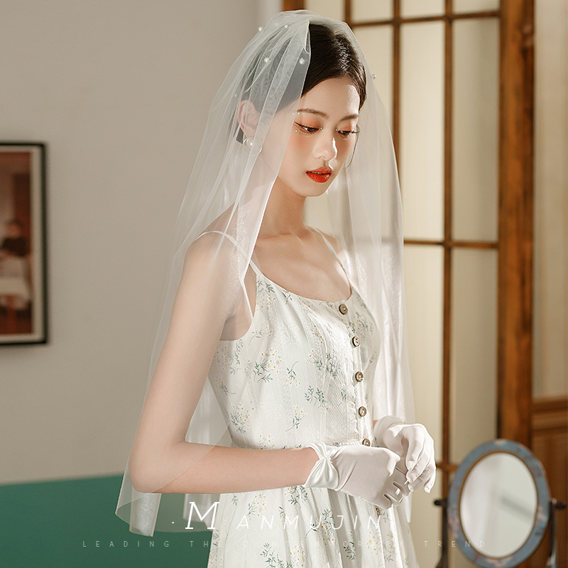 新娘结婚短款头纱简约单层带梳子珍珠
