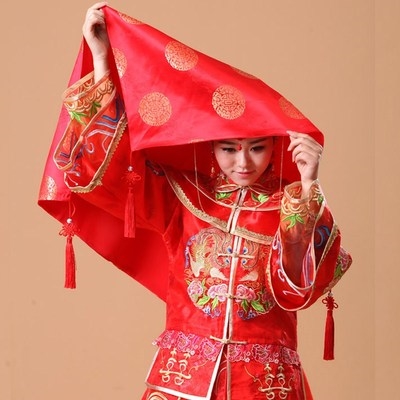新娘婚纱礼服中式红盖头 复古喜服喜帕 大红色古装头纱结婚c配饰