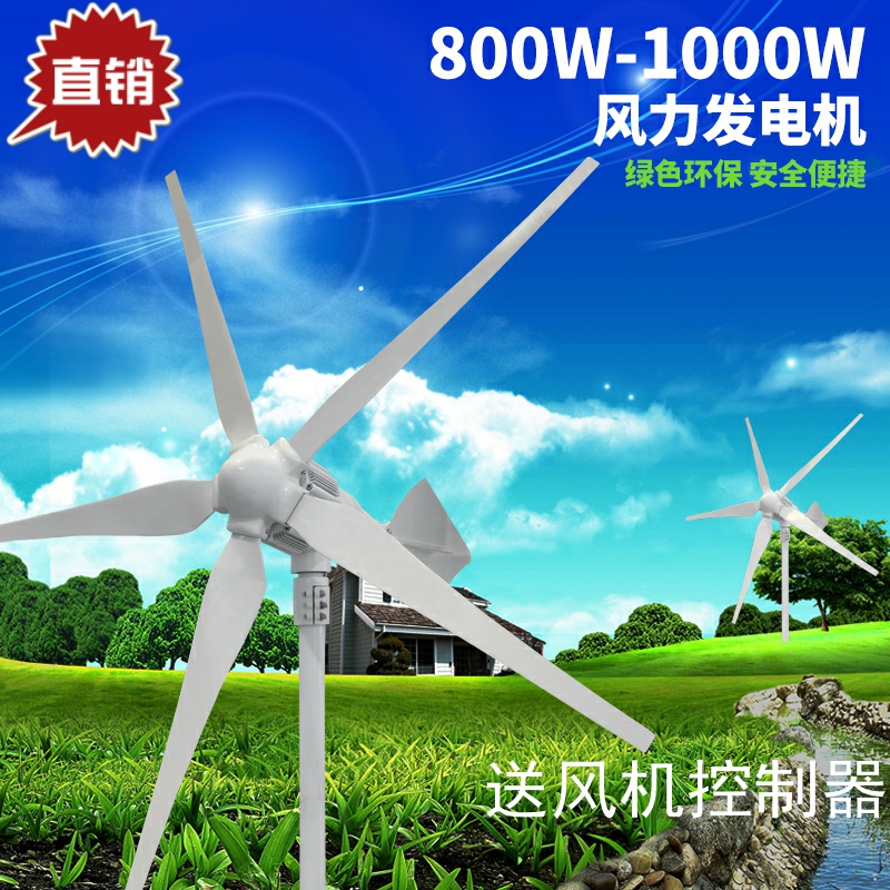 白色800w小型风力发电机家用微风12v24v48v风能五叶微风启动900瓦