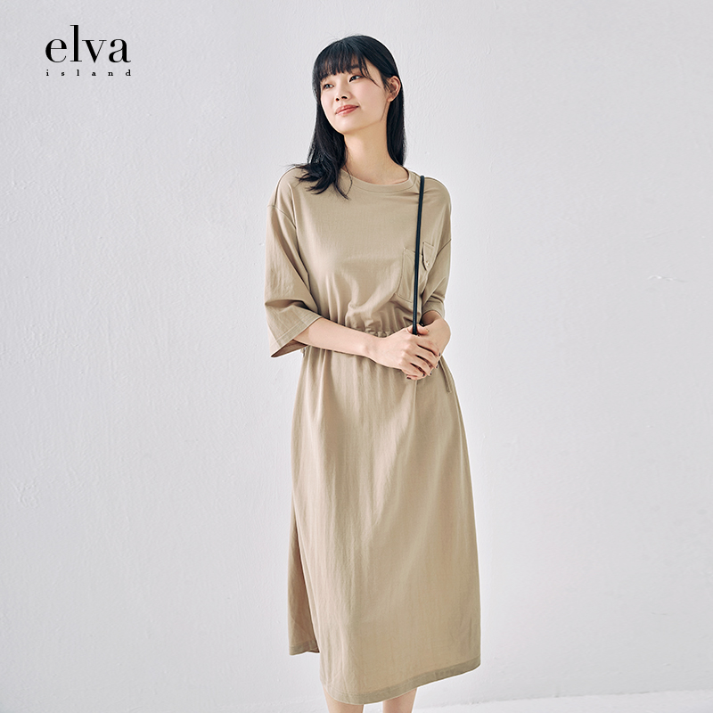 elvaisland圆领短袖中长款连衣裙女2022年春夏新款气质文艺长裙