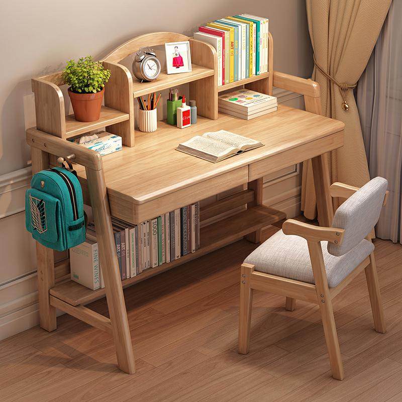 北欧全实木书桌带书架家用儿童中q小学生卧室学习桌子小户型电脑
