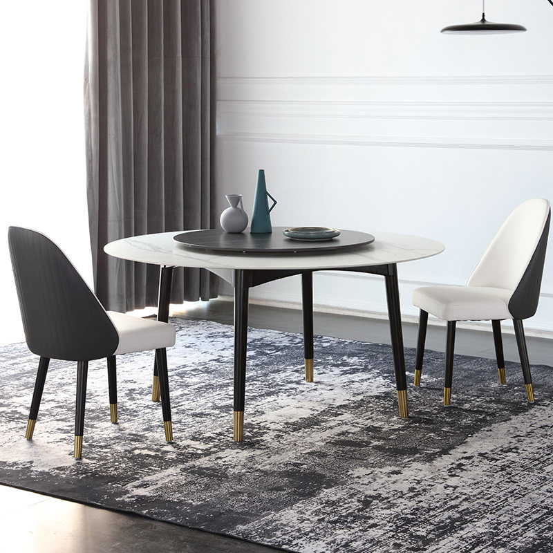 新品北欧岩板圆桌家用带转盘简约现代实木圆形餐桌椅组合6人吃饭