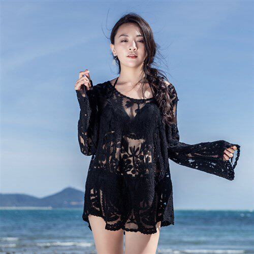 夏比基尼款网沙滩游泳衣女外套搭罩衫外p中长蕾丝度假海边纱防晒