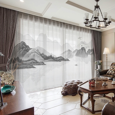 定制现代新中式水墨山水画客厅窗帘布纱办公别墅茶室卧室飘窗窗纱
