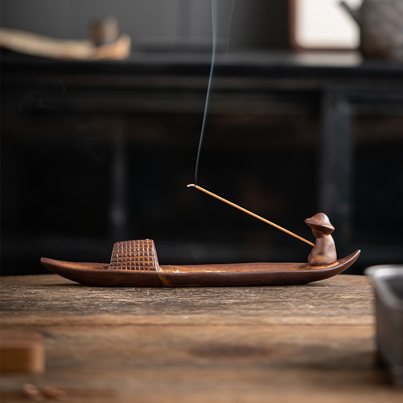 陶瓷孤舟线香炉卧式香插香座香托家用仿古点香器室内禅意檀香薰炉