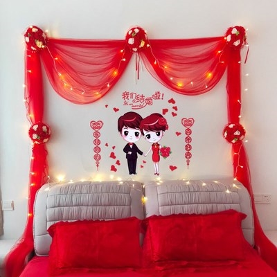 40  中式背景创意12洞房布置婚房客厅拉花沙结婚纱幔彩条红色装饰吊顶
