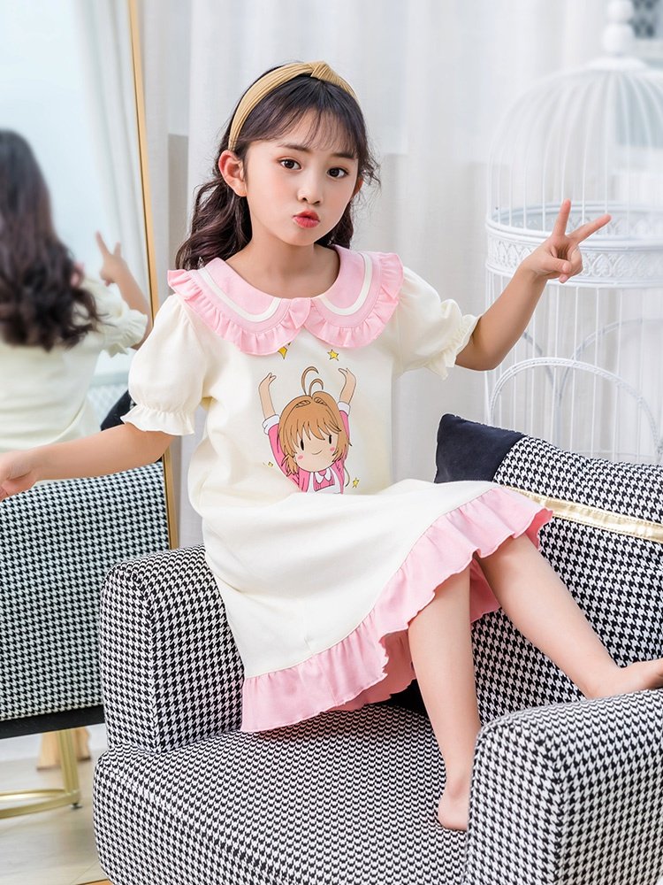 儿童睡裙女孩女童睡衣短袖纯棉夏季薄款公主中大童亲子k母女家居