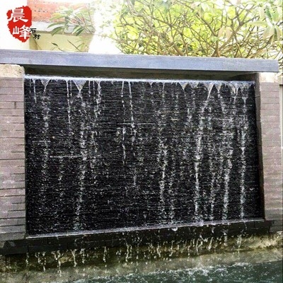 室外青石板黑色流水石水幕影视墙古文化墙砖天然庭院水池背景墙.
