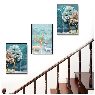 新品楼梯间装饰画客厅背景墙面壁画过道画北欧现代简约三联画麋鹿