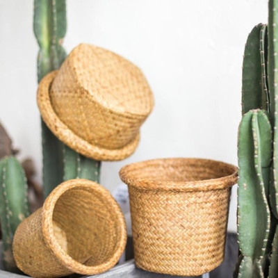 麻绳草编花篮藤编花盆北欧欧式阳台插花复古编织篮子手编收纳框杂