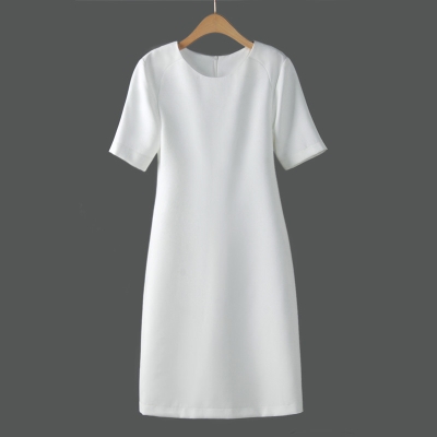 夏季棉麻连衣裙中长款修身显瘦短袖纯色休闲圆领裙子女夏收腰中裙
