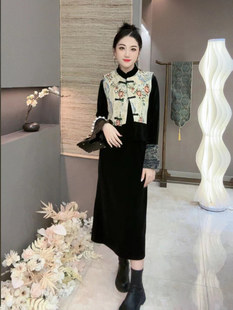 中国风复古套装女马甲外套深冬装搭配一整套高级感连衣裙两件套潮