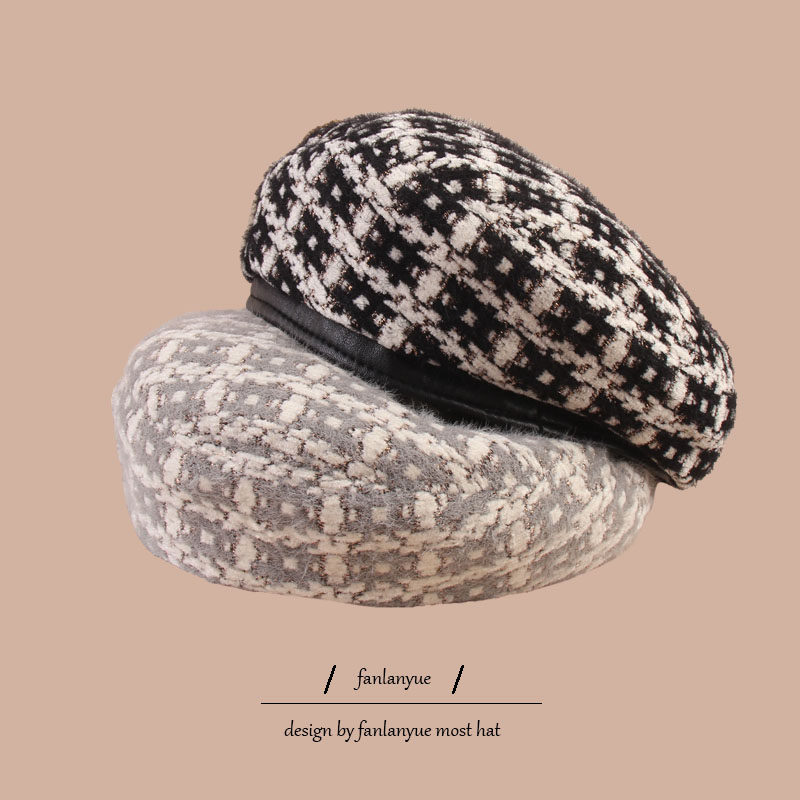 皮边贝雷帽潮百搭英伦复古毛绒格子画家帽女秋冬季小众香风八角帽