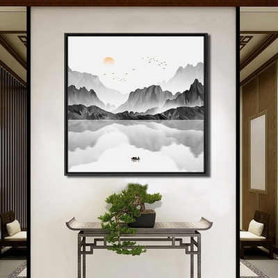 玄关装饰画新中式壁画客厅茶室背景墙画餐厅山水画禅意挂画正方.
