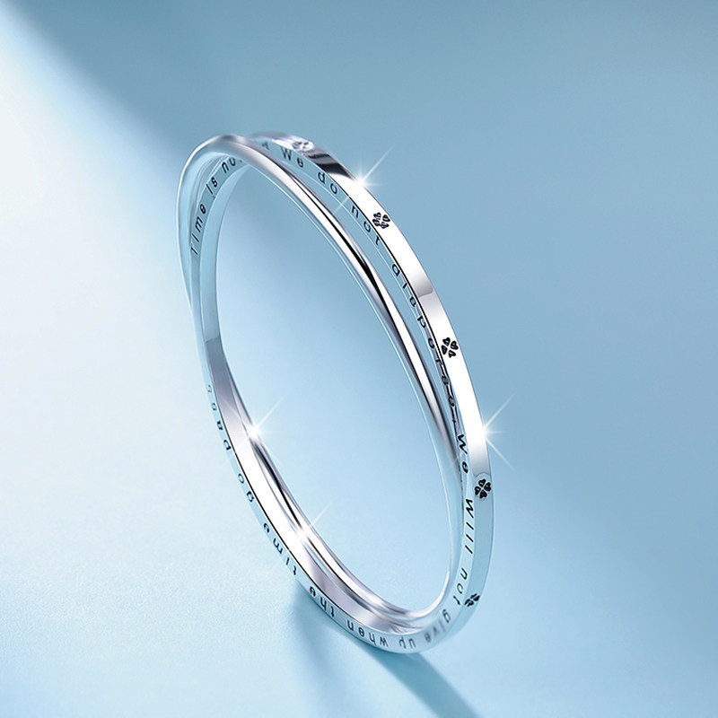 纯银999四叶草幸运手镯女小众设计双圈年轻时尚高级感精致银手饰