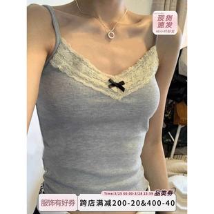 蕾丝拼接吊带小背心女春秋2024新款带胸垫辣妹bm短款外穿美背上衣